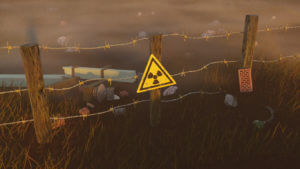 Landscape with fog, barbed wire and radiation sign