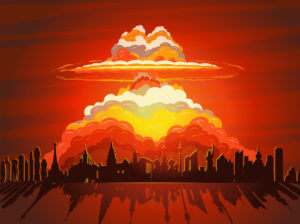 Nuclear explosion, falling on city