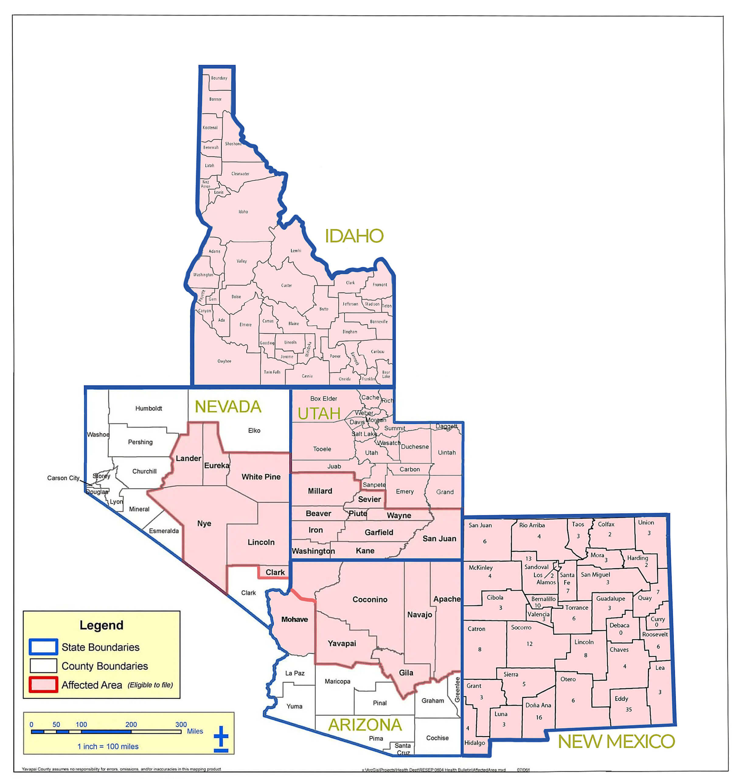 Downwinders® covered counties in Arizona, Idaho, Nevada, New Mexico, and Utah.